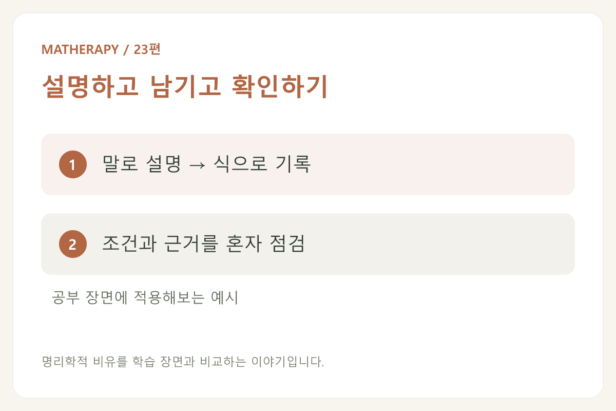 설명하고 남기고 확인하기 — 말로 설명 → 식으로 기록 — 조건과 근거를 혼자 점검