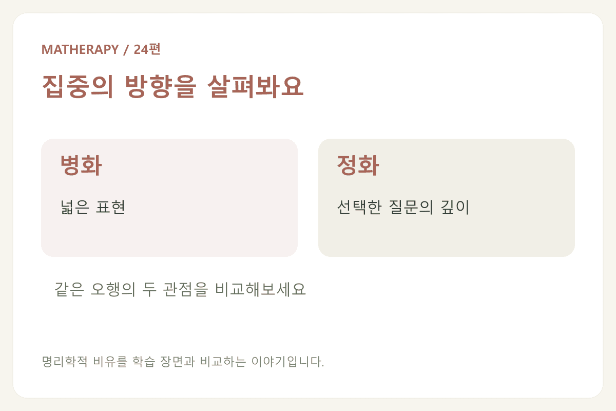 집중의 방향을 살펴봐요 — 병화 · 넓은 표현 — 정화 · 선택한 질문의 깊이