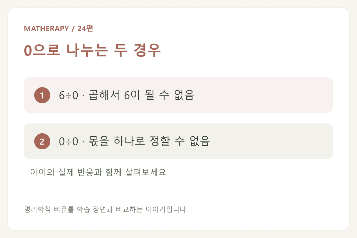 0으로 나누는 두 경우 — 6÷0 · 곱해서 6이 될 수 없음 — 0÷0 · 몫을 하나로 정할 수 없음