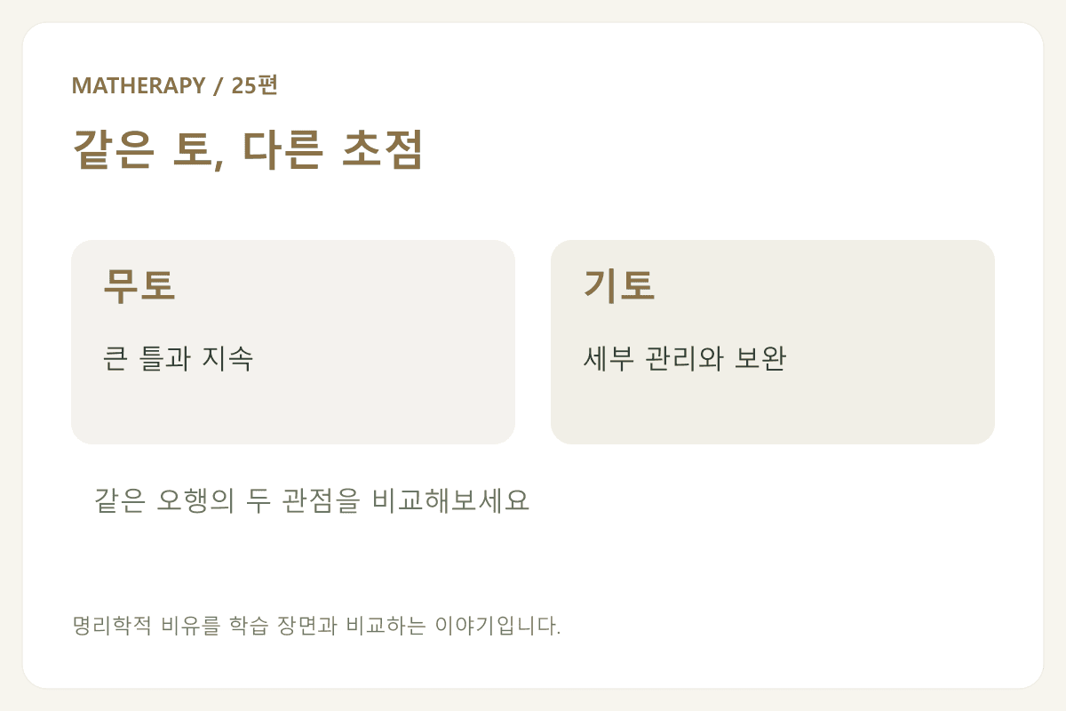 같은 토, 다른 초점 — 무토 · 큰 틀과 지속 — 기토 · 세부 관리와 보완