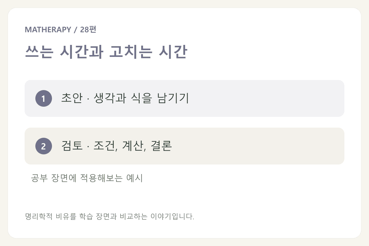 쓰는 시간과 고치는 시간 — 초안 · 생각과 식을 남기기 — 검토 · 조건, 계산, 결론