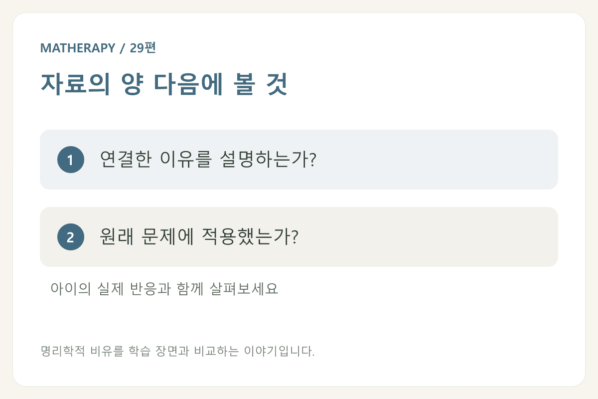 자료의 양 다음에 볼 것 — 연결한 이유를 설명하는가? — 원래 문제에 적용했는가?