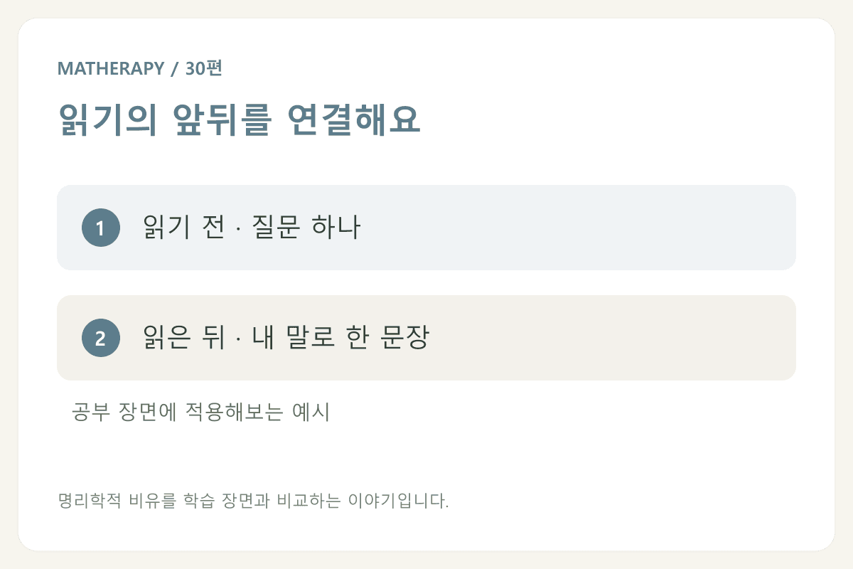 읽기의 앞뒤를 연결해요 — 읽기 전 · 질문 하나 — 읽은 뒤 · 내 말로 한 문장