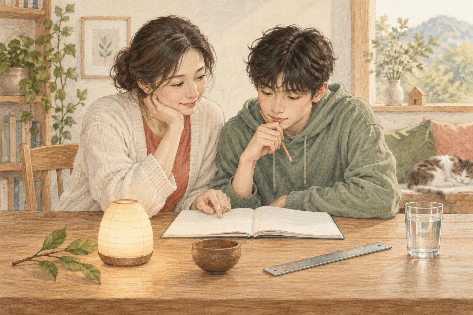 공부하는 모습을 담은 수채화 삽화